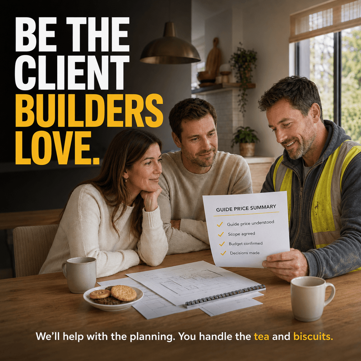 Be the client builders love. A homeowner reviews a clear guide price summary with their builder.